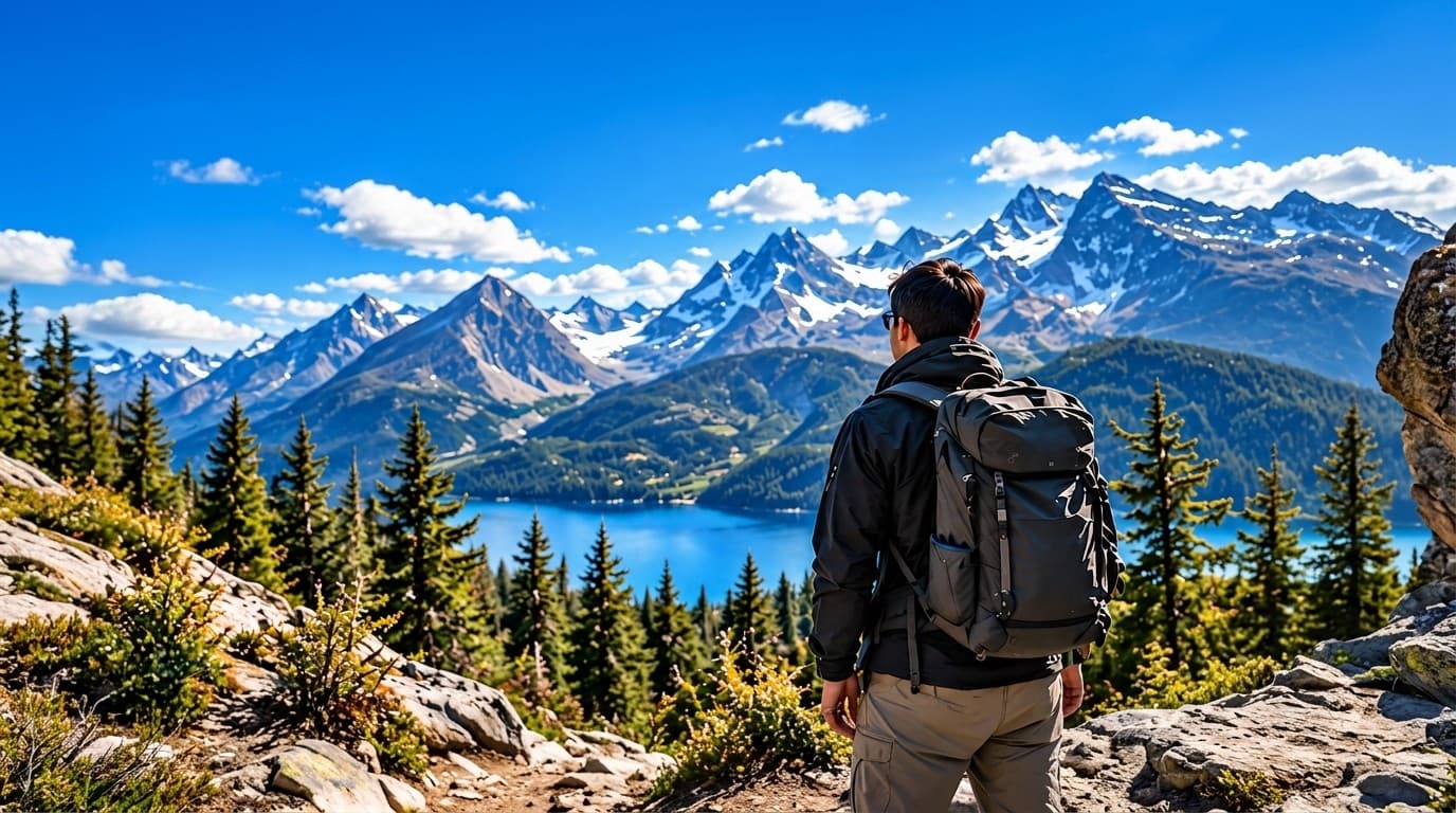 Operator perspective - hiker overlooking alpine lake and mountain peaks