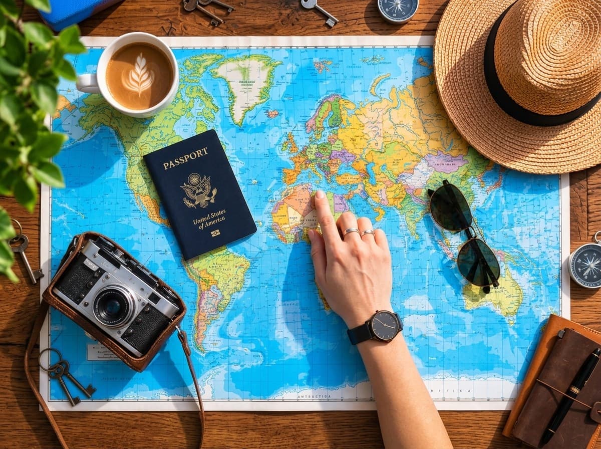 Travel flat lay world map with passport, camera, sunglasses, and coffee